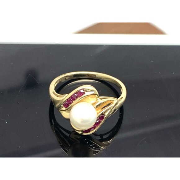 Pearl Red Gemstone Cocktail Ring 10k Yellow Gold Estate Jewelry Women's Size 7 - Picture 11 of 14